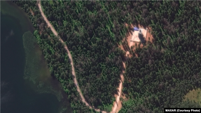 A satellite image provided by Maxar Technologies shows an air defense system installed Russian President Vladimir Putin's residence in Valdai.