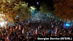 Tens of thousands of pro-Europe Georgians rallied in Tbilisi on October 20 ahead of parliamentary elections set for October 26.