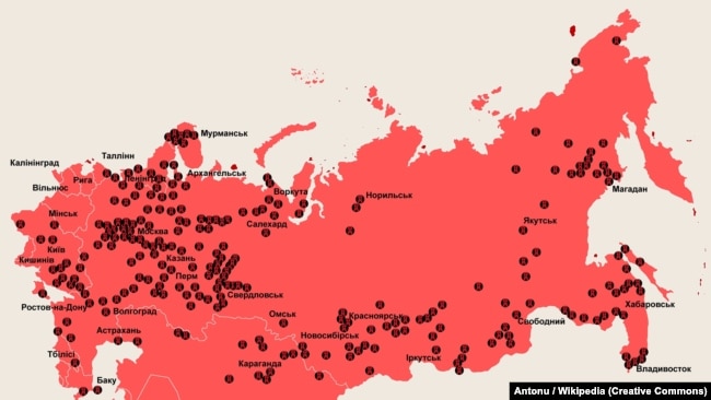 Мапа розташування радянських концтаборів системи ГУЛАГ