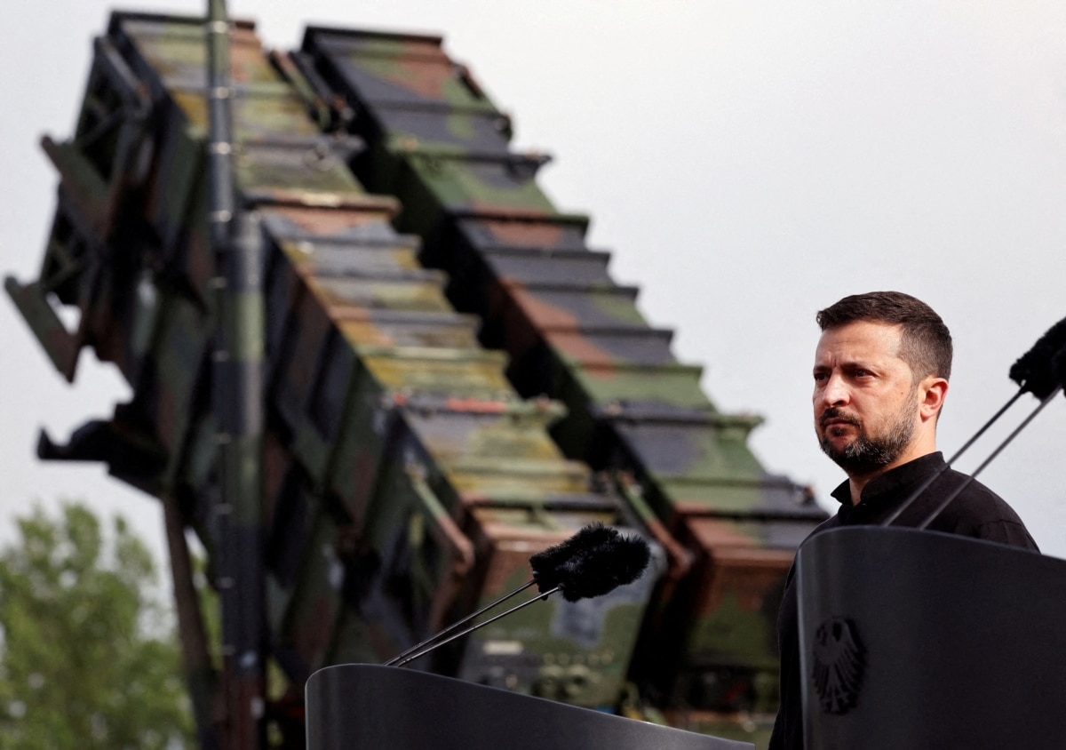 President of Ukraine Volodymyr Zelensky at a training ground in Germany where Ukrainian military personnel were trained to operate the Patriot air defence system. 11 June 2024