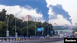 Smoke billows after drone attacks in Podolsk in Russia's Moscow Region on July 20.  