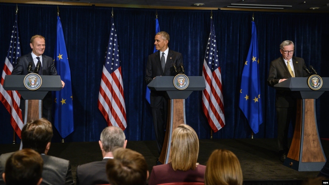 European Council President Donald Tusk (left to right), U.S. President Barack Obama, and European Commission President Jean-Claude Juncker deliver remarks to reporters after their meeting at the NATO summit in Warsaw in July.