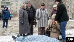 A victim of shelling in the eastern Ukrainian city of Kramotorsk on February 10