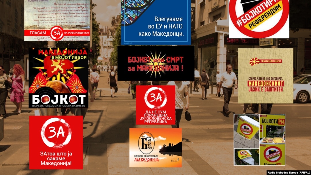 Signs in Macedonia urging people to either vote for the referendum or boycott it altogether