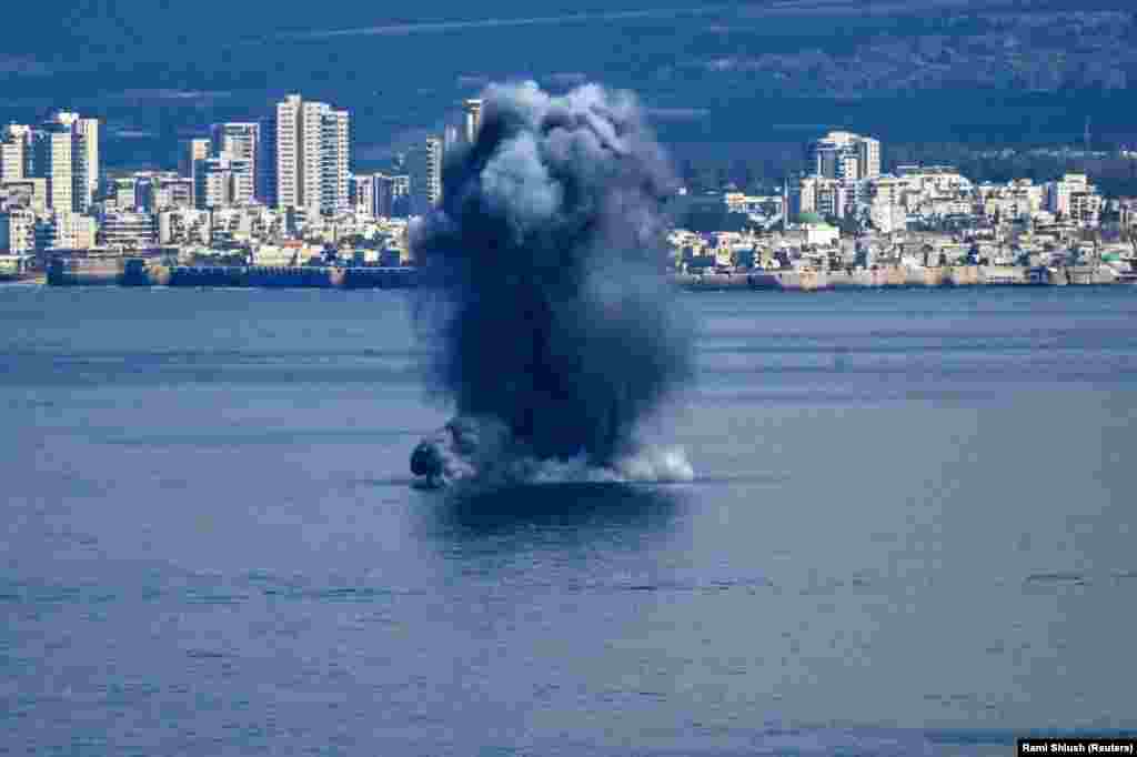 An explosion in the sea off Haifa after missiles were launched from Iran towards Israel.