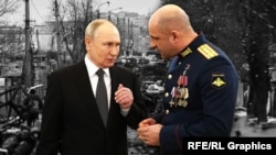 Владимир Путин и Артем Жога на фоне разбитой российской бронетехники в Буче Киевской области Украины. Иллюстративный коллаж