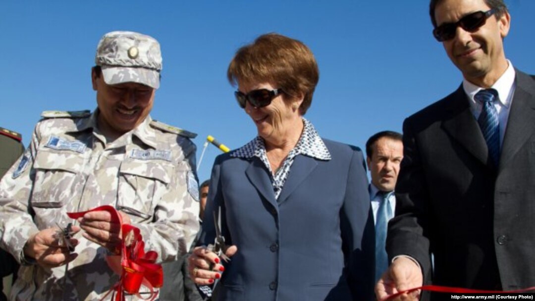 U.S. Ambassador Susan Elliott (center) attends the opening of two new border-guard facilities in Tajikistan. (file photo)