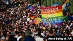 People march across the Szabadsag (Freedom Bridge) over the River Danube in downtown Budapest during a gay pride parade in Budapest in July. 