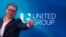 Президентът на Сърбия Александър Вучич на фона на логото на United Group. Колаж: Свободна Европа