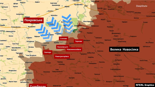 Олександрівський напрямок на мапі DeepState, 1 березня 2026 року. Синіми стрілками позначений напрямок руху Сил оборони
