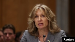 Beth Van Schaack, the top U.S. diplomat for global criminal justice, testifies before the Senate Foreign Relations Committee in Washington on May 31. She said the tribunal could lead to "the most consequential trial in history since Nuremburg,"