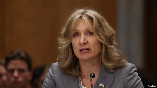 Beth Van Schaack, the top U.S. diplomat for global criminal justice, testifies before the Senate Foreign Relations Committee in Washington on May 31. She said the tribunal could lead to "the most consequential trial in history since Nuremburg,"