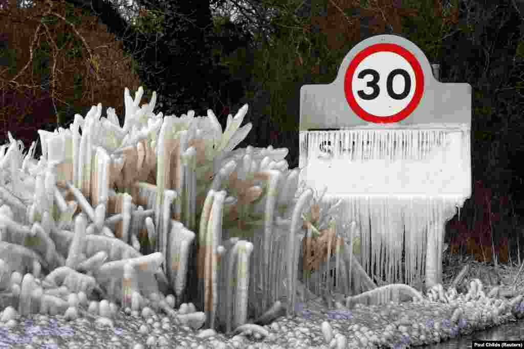 Велика Британія.&nbsp;Замерзлий дорожній знак і живопліт покриті бурульками. Шторм &laquo;Дарсі&raquo; накрив значні частини країни. Шенлі, Хартфордшир,10 лютого 2021 року
