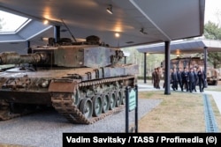 A captured German Leopard 2A4 tank (left) on display at a museum in Pyongyang in April. In the background, a Turkish-made Kirpi armored vehicle is visible.