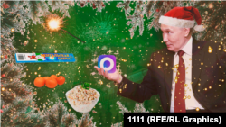 Коллаж: новогодня открытка с Путиным