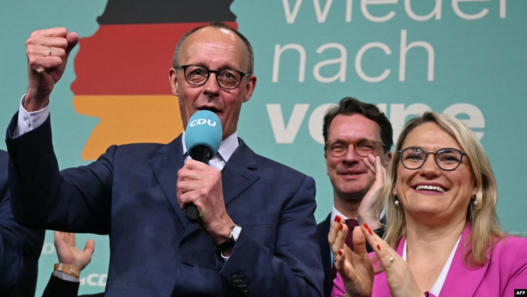 Friedrich Merz, leader of Germany's conservative Christian Democratic Union (CDU) and his party's main candidate for chancellor, addresses supporters on February 23.