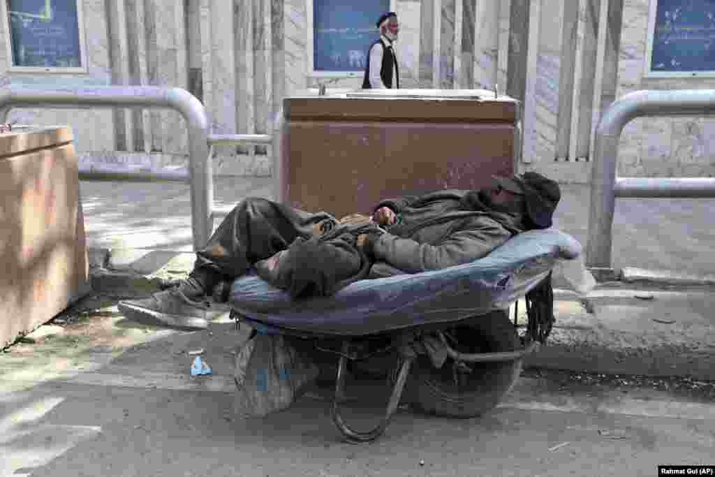 &nbsp;A day laborer sleeps on his cart while waiting for customers on the first day of Ramadan in Kabul on April 13. (AP/Rahmat Gul)