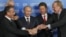 The signing of an agreement on the construction of the South Stream gas pipeline in Sochi in 2011. Rear left is Wintershall representative Harold Schwager. Russia was represented at the ceremony by then-Prime Minister Vladimir Putin (center) and Gazprom chief Aleksei Miller (second from right).
