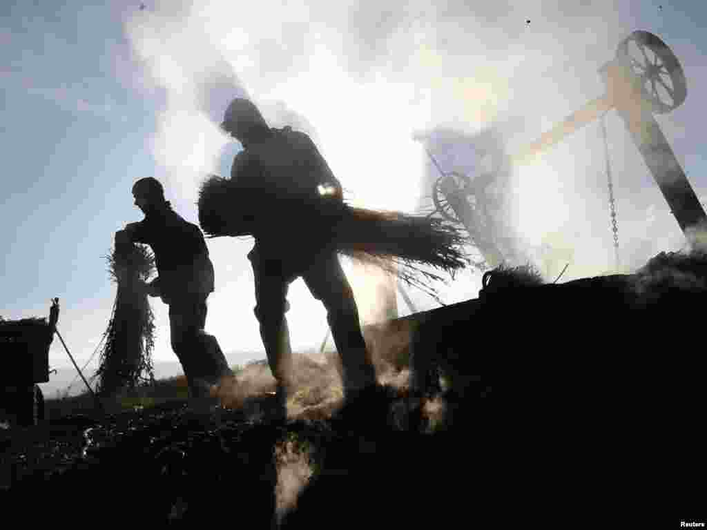 A man carries a bundle of willow from a boiling cauldron as part of the process to make wickerwork in the village of Iza, some 800 kilometers west of Kyiv, on October 11. The whole population of the village is engaged in wickerwork. Villagers grow willow, which is then boiled to make it more suitable for wickerwork, and after drying it is woven into baskets and garden furniture. Artisans sell the handcrafts at the local market. Photo by Gleb Garanich for Reuters