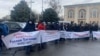 Protesters gather outside the Bishkek city administration on February 10.