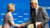 European Commission President Ursula von der Leyen (left) and Czech President Petr Pavel shake hands at the Globsec regional security forum in Prague on August 30.