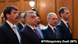 Áder János, Orbán Viktor, Pintér Sándor és Varga Mihály az Országházban 2018. május 22-én