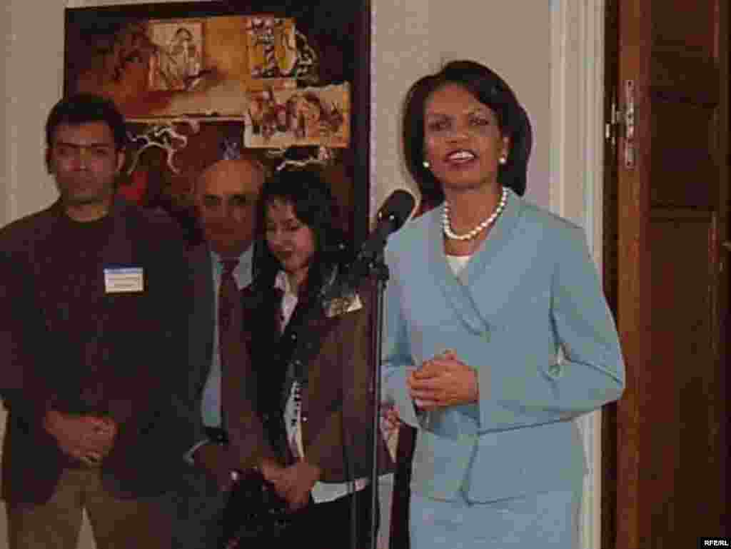 Secretary Rice visited the exhibition on May 10. The works are scheduled to tour nine U.S. cities (RFE/RL) - U.S. Secretary of State Condoleezza Rice attended the opening, an event that the State Department said is aimed at promoting cultural ties with Iran. In brief remarks, Rice avoided any reference to the rift between the United States and Iran -- a rift that has widened with the imprisonment in Tehran of prominent U.S.-Iranian scholars and the virtual house arrest of Radio Farda correspondent Parnaz Azima. 