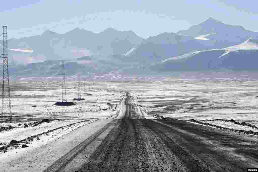 The road to the Kumtor gold mine, which lies in the Tien Shan Mountains