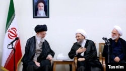 Iran's Ayatollah Khamenei meeting head of Judiciary Sadeq Amoli Larijani (center), and his deputy, in Tehran, 29 Jun 2016-- Iran 