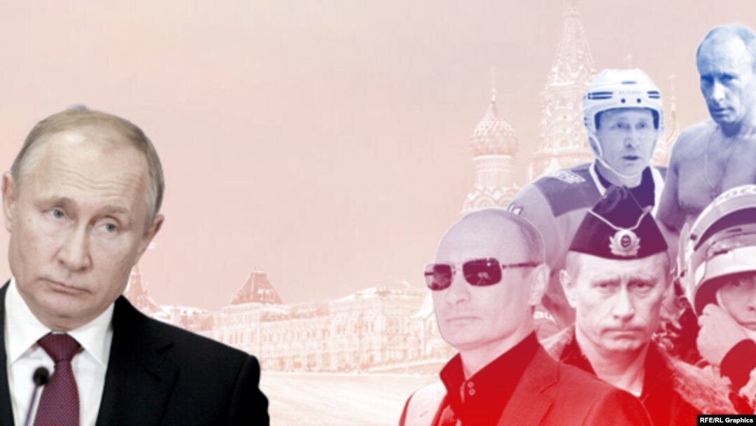 O imagine de fundal cu metamorfozele lui Vladimir Putin, de la a cărui instalare la putere s-au împlinit 20 de ani