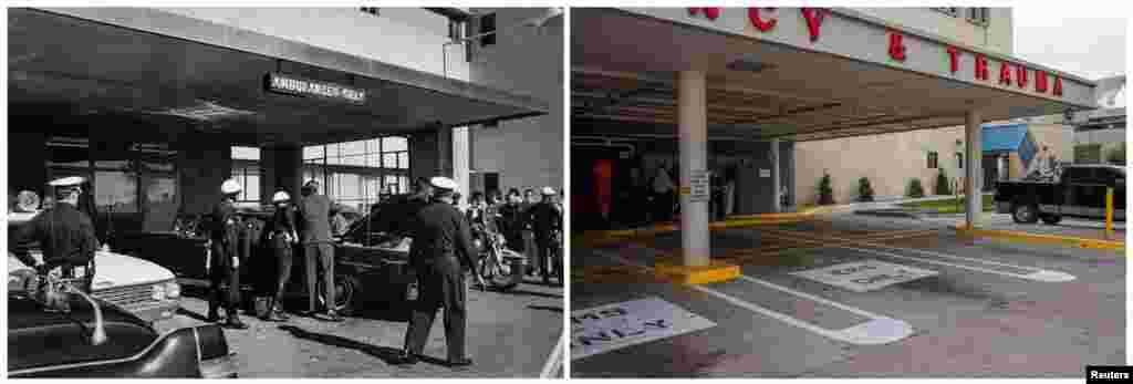 Left photo: U.S. Secret Service agents and local police examine the presidential limousine as it sits parked at Parkland Memorial Hospital in Dallas, Texas, on November 22, 1963. Right photo: The same parking area for ambulances on November 9, 2013.