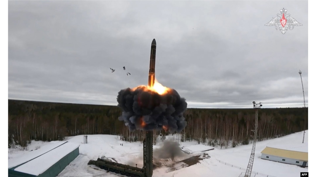 A handout image released by the Russian Defense Ministry shows the test firing of a ballistic missile in March.