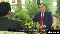 Tajikistan -- Emomali Rahmon, the president of Tajikistan on "Euronews" channel (R), 31Mar2012