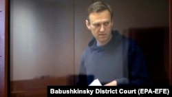 Russian opposition leader Aleksei Navalny in a Moscow courtroom on February 16.