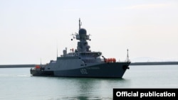 A Russian warship pictured in Baku on July 23.