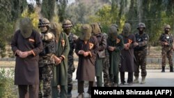 FILE: Officials of Afghanistan's National Directorate Security (NDS) intelligence agency escort alleged Taliban fighters after they are presented to media in Jalalabad in January.