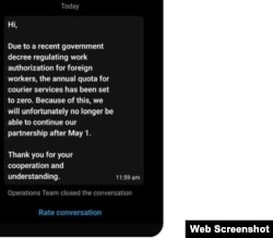 ერთ-ერთი კომპანიის მესიჯი. კურიერს ატყობინებენ რატომ ვეღარ გაგარძელდება მასთან კონტრაქტი 1მაისიდან და მადლობას უხდიან გაგებისთვის.