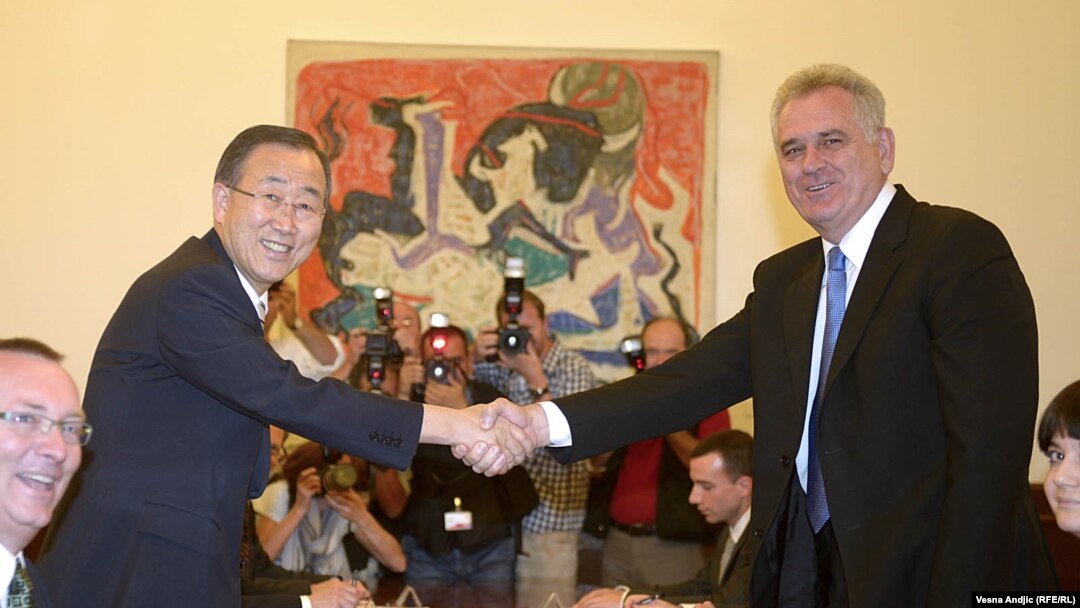 Serbian President Tomislav Nikolic (left) with visiting UN Secretary-General Ban Ki-moon