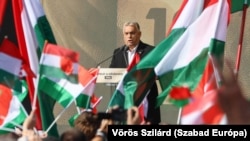 Hungarian Prime Minister Viktor Orban speaks in Budapest's Millenaris Park on October 23 during commemorations of the 1956 anti-Soviet revolt.