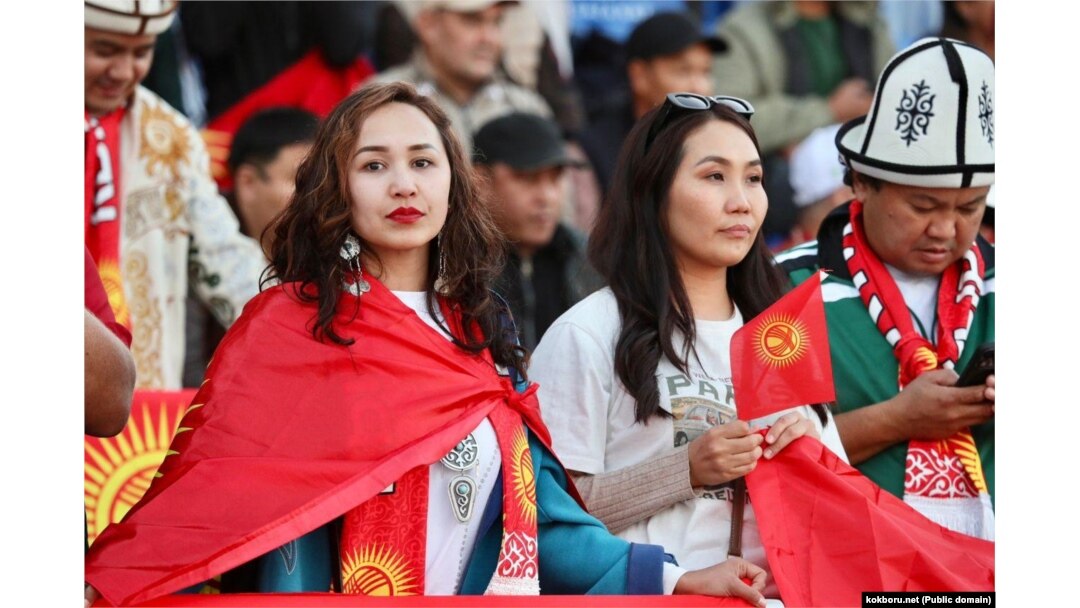 Kyrgyz fans cheer for their team in the Kyrgyzstan-Kazakhstan kok-boru final at the World Nomad Games in Astana on September 12.