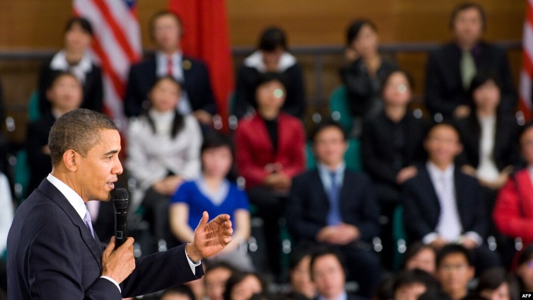 U.S. President Barack Obama addresses a town-hall-style meeting at the Museum of Science and Technology in Shanghai on November 16.