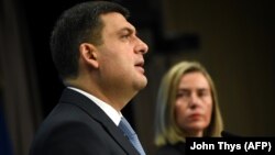 BELGIUM -- Ukrainian Prime Minister of Ukraine Volodymyr Hroysman gives a press conference following his meeting with EU foreign policy chief Federica Mogherini at the EU headquarters in Brussels, December 17, 2018