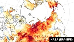 نقشه دماهای غیرعادی در سیبری (به رنگ قرمز)، مربوط به ماه مارس و ژوئن امسال