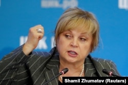 Ella Pamfilova, head of the Central Election Commission, addresses the media after polls close at the commission's headquarters in Moscow on September 19.