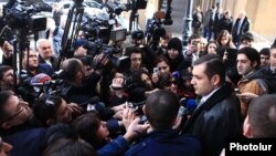 Armenia - Prosperous Armenia Party (BHK) spokesman Tigran Urikhanian talks to reporters outside the BHK headquarters in Yerevn, 13Feb2015.