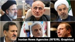 Six Presidential nominees Clockwise; Raeisi, Mirsalim, Rouhani, Ghalibaf, Hashemitaba, Jahangiri.