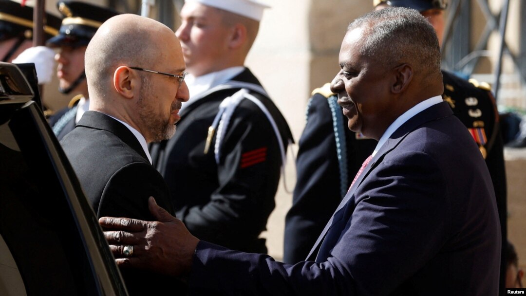 U.S. Defense Secretary Lloyd Austin welcomes Ukrainian Prime Minister Denys Shmyhal to the Pentagon on April 12. 
