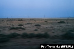 The Aral Sea steppe, photographed from a train window