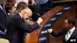 Deputatul partidului populist de dreapta Finlandezii Mauri Peltokangas (stânga) se bucură împreună cu colegul său de partid, ministrul Economiei Willie Rydman, că a trecut legea imigrației înăsprită, la 12 iulie.