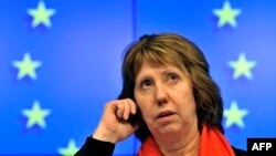 Catherine Ashton după reuniunea Consiliului Miniștrilor de Externe de la Bruxelles la 20 februarie pe tema situației din Ucraina